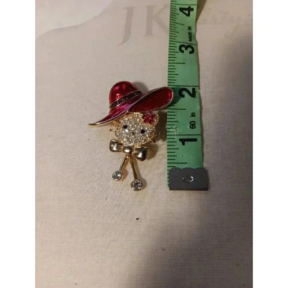 Whiskered Kitty Brooch Enamel Red Hat W/Red&Clear Rhinestones Gold Tone - Picture 5 of 5